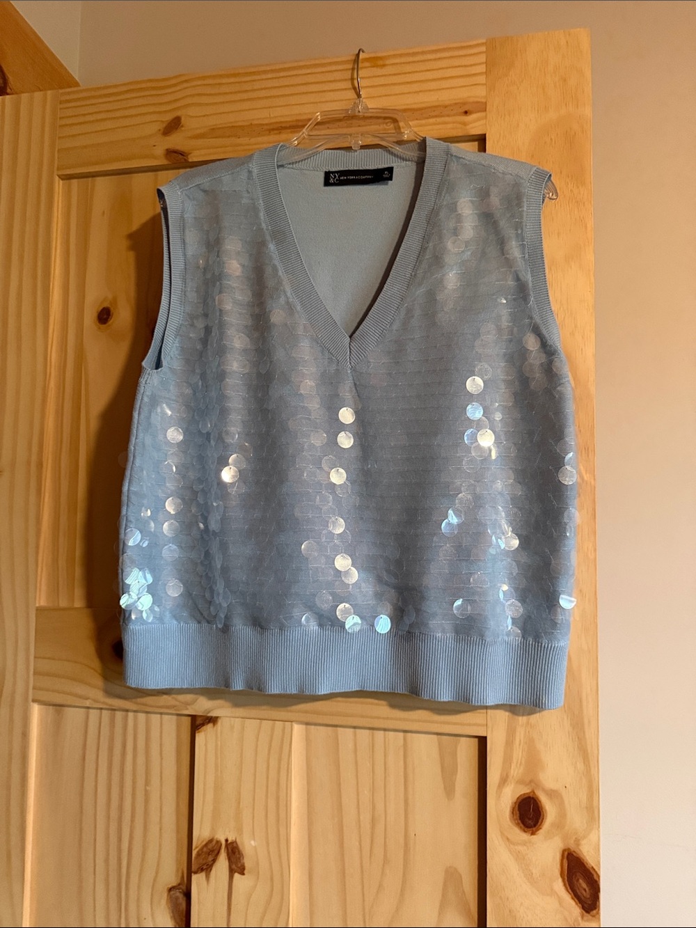 New York & Company Light Blue Sequin V-Neck Sweater Vest